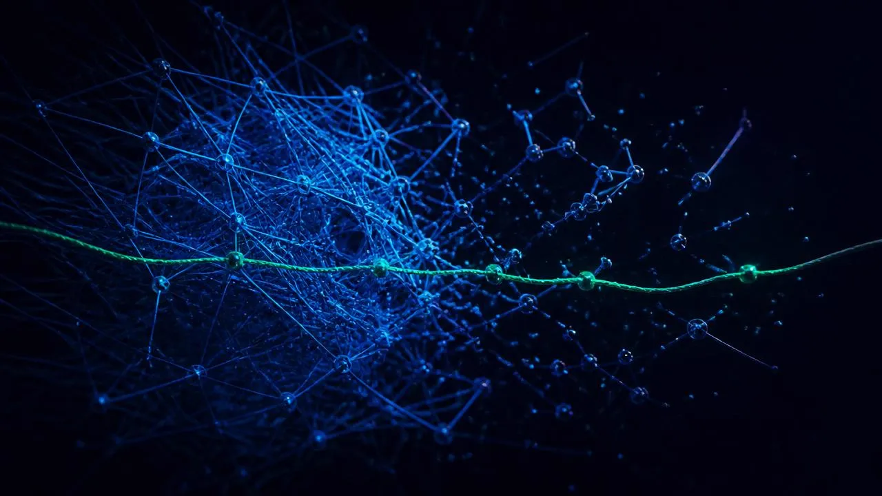 Abstract blue mesh of lines drifting apart while a green line stays intact throughout