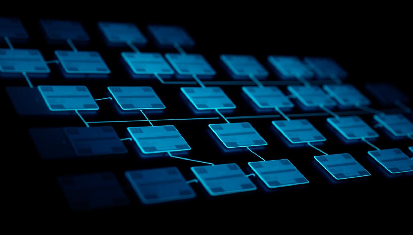 Abstraktes dunkles Visual: vernetzte blaue Karten als System dargestellt