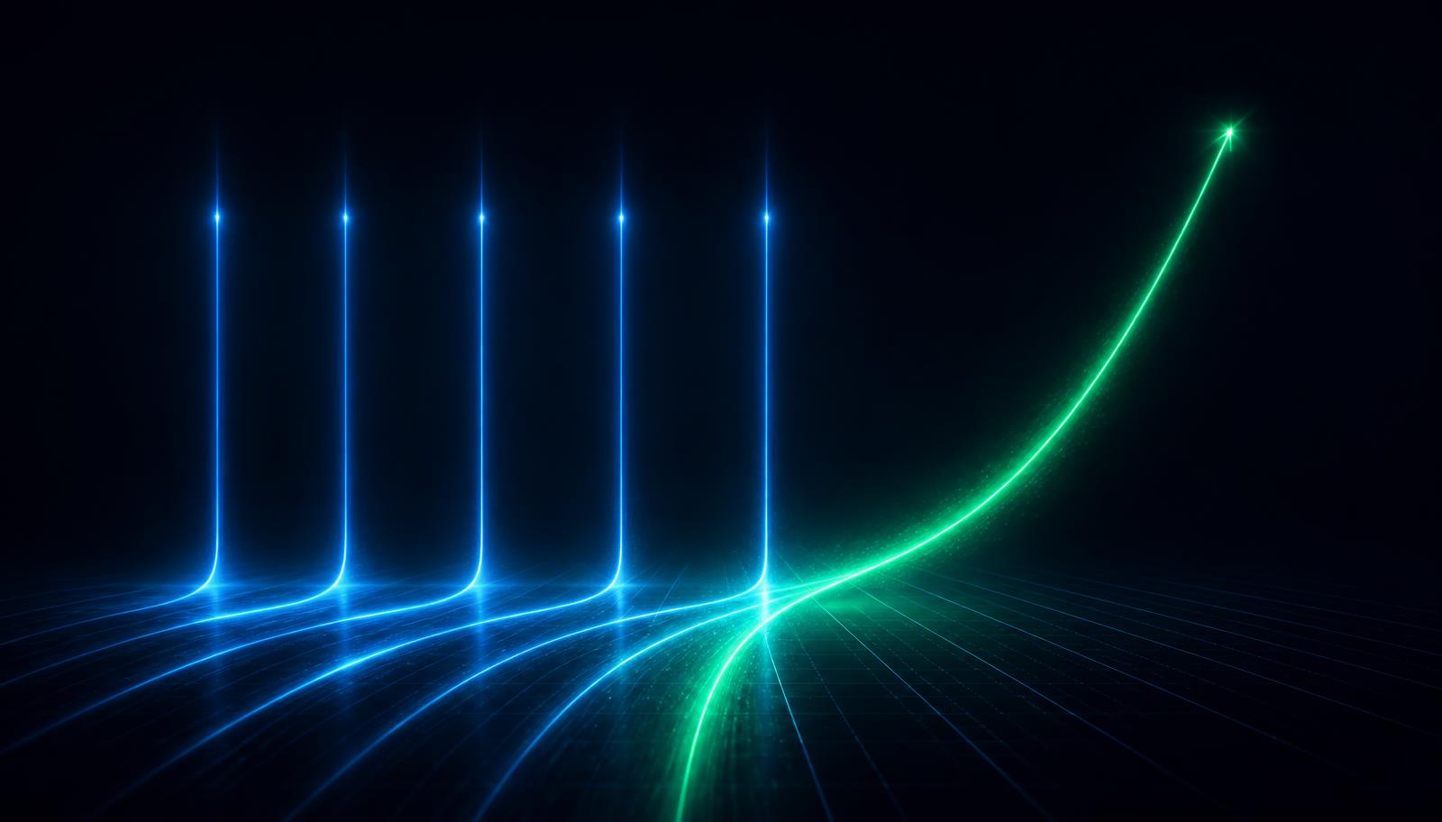 Five glowing blue pillars converging into one green growth trajectory, symbolising a B2B go-to-market strategy