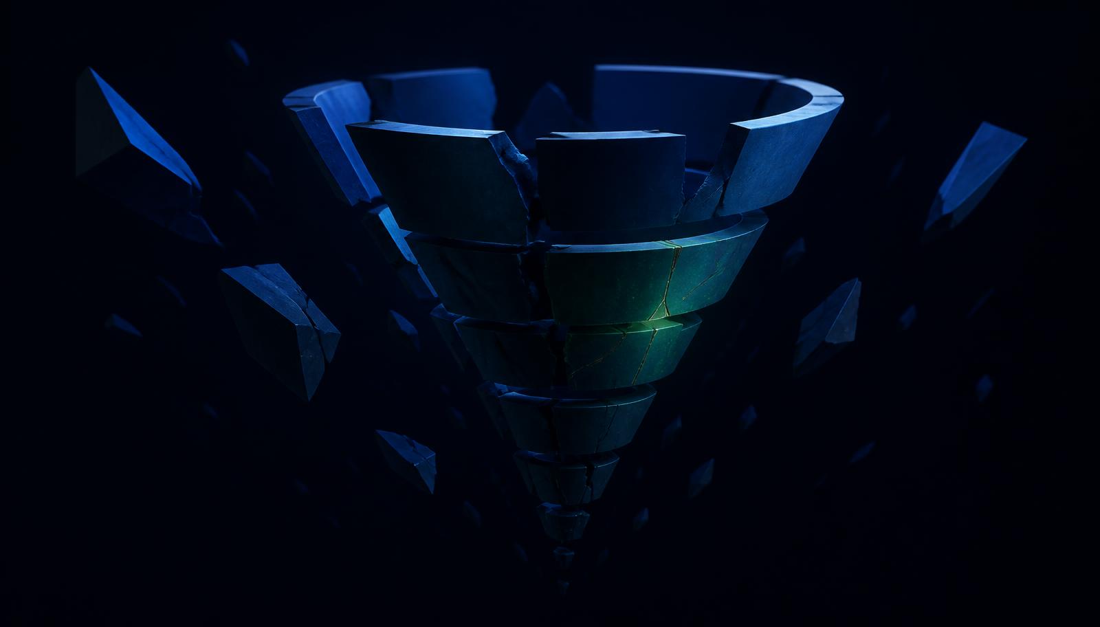 A fractured blue funnel with drifting segments, symbolising a go-to-market strategy that does not work